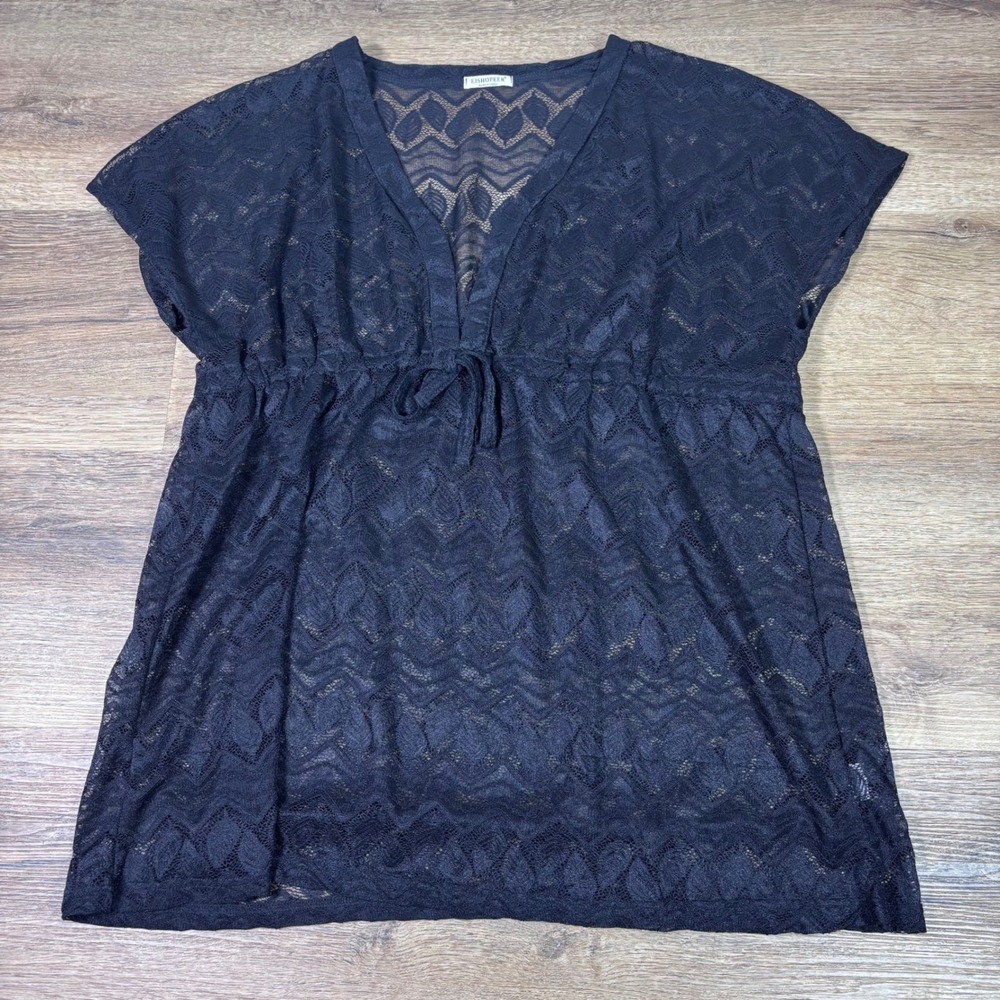Eishopeer Swim Cover-Up Women Lg Black Lace Sheer Chevron Drawstring Beachwear